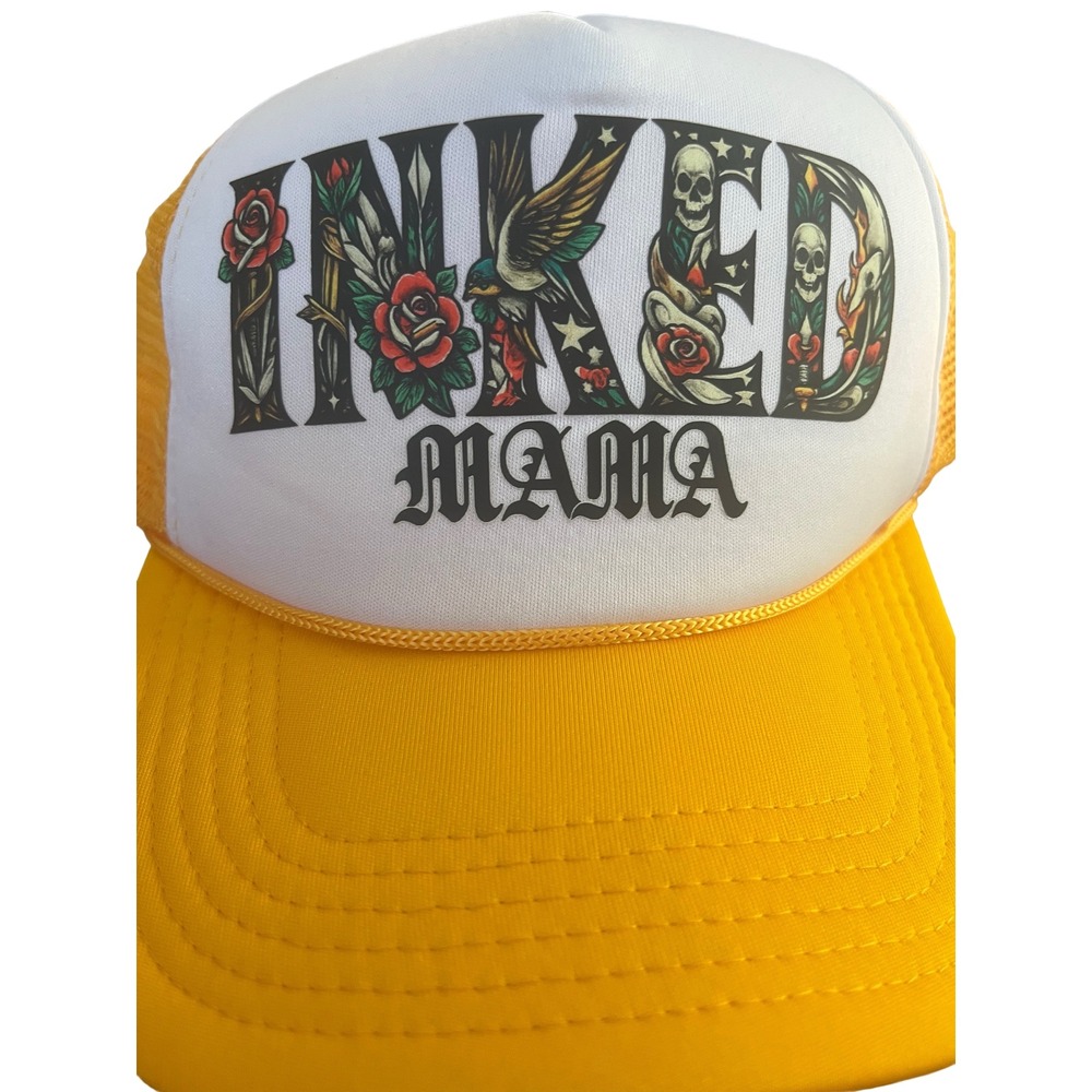 Mega Cap Trucker Hat Women OSFA Yellow New Inked Mama Tattoo Graphic Snapback - Picture 4 of 6